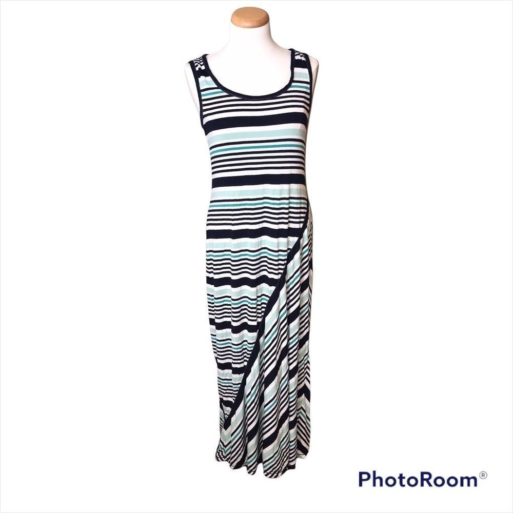 Max Studio Large mint navy stripe maxi dress spandex rayon
